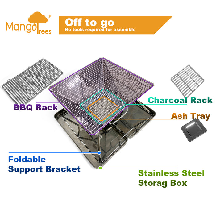 Stainless Steel Foldable Charcoal BBQ Grill Lightweight Camping Portable With Carry Bag & Stainless Steel Box