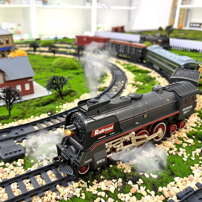 Electric Steam Train Tracks Model Sound Light Smoke System Toys 88pcs Vehicle Rail Track Classical Train Series with Smokes Light & Sound Under The Christmas Tree Steam Train Toy Set