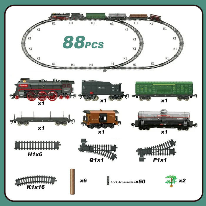 Electric Steam Train Tracks Model Sound Light Smoke System Toys 88pcs Vehicle Rail Track Classical Train Series with Smokes Light & Sound Under The Christmas Tree Steam Train Toy Set