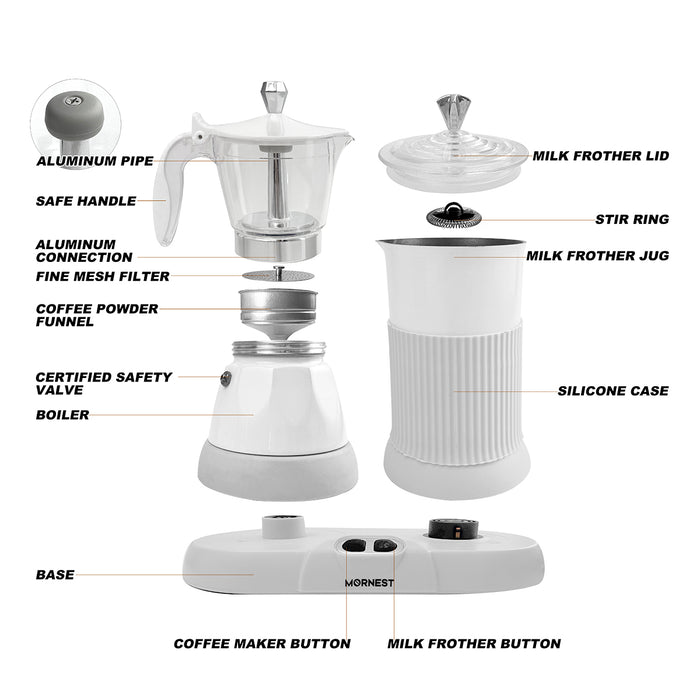 Mornest 2 IN 1 Electric Moka Coffee Maker With Milk Froth 3Cup Classic Italian