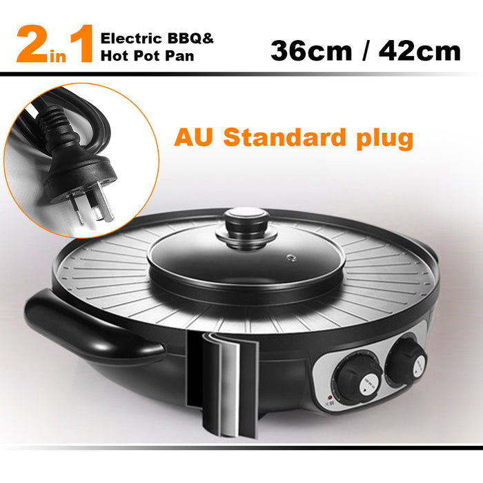 42cm Electric 2 In 1 Non-Stick BBQ Plate Hot Pot Pan For Party Shabu Grill Barbecue