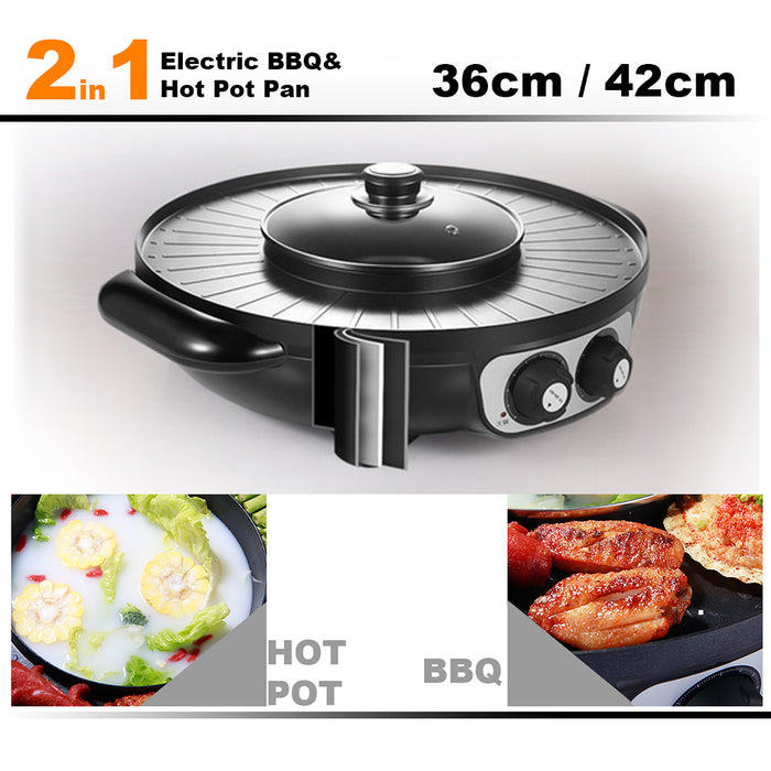 42cm Electric 2 In 1 Non-Stick BBQ Plate Hot Pot Pan For Party Shabu Grill Barbecue