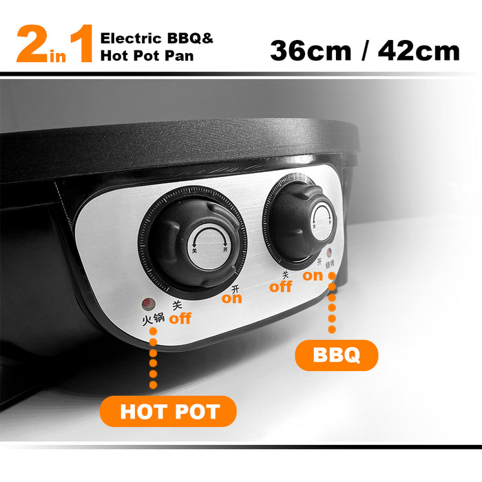 42cm Electric 2 In 1 Non-Stick BBQ Plate Hot Pot Pan For Party Shabu Grill Barbecue