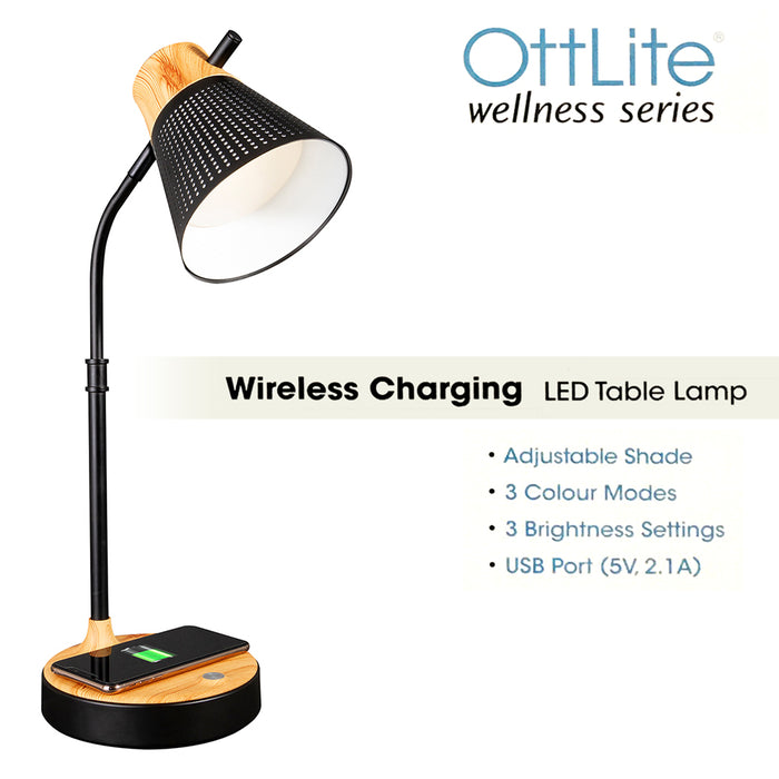 Ottlite Wellness Series LED Table Desk Lamp With Wireless Charging Dimmable B/W