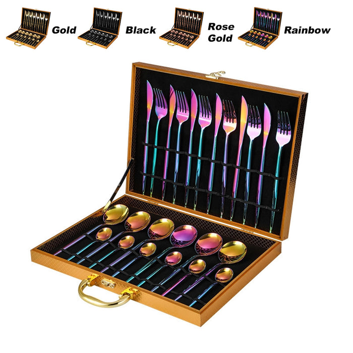 24 Piece Flatware Cutlery Set 410 Stainless Steel Knife Fork Spoon Tea Spoon Gold Black Rose Gold Rainbow