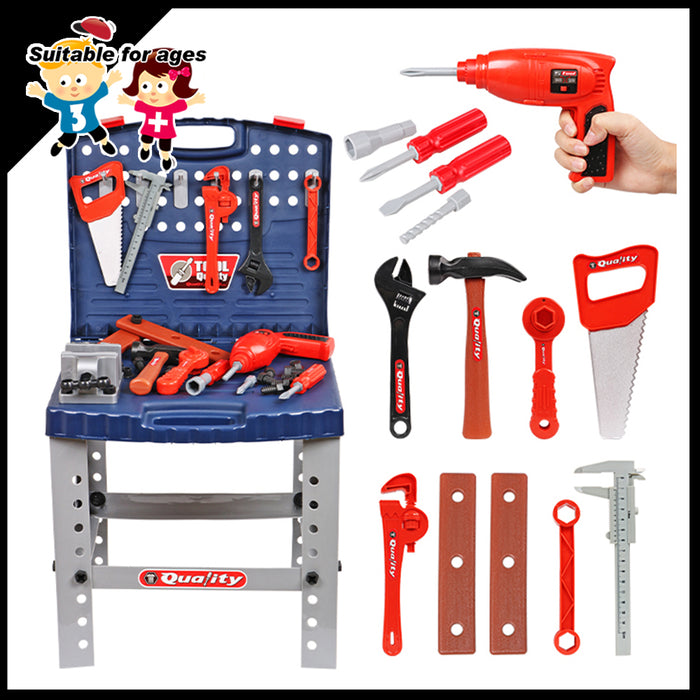 Tool Box Work Bench With Battery Operated Drill Set kids Pretend Play Toys 55pcs