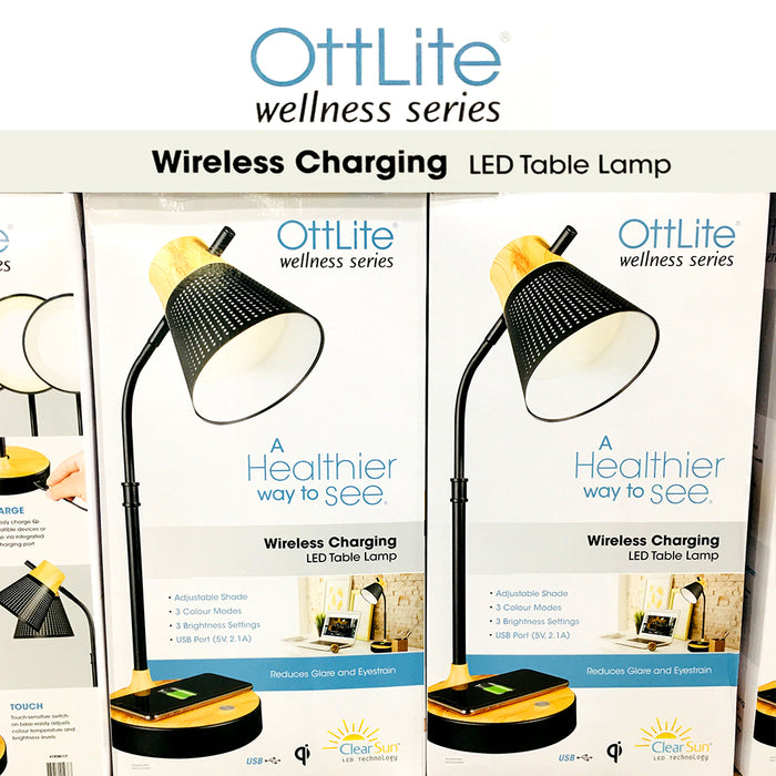 Ottlite Wellness Series LED Table Desk Lamp With Wireless Charging Dimmable B/W