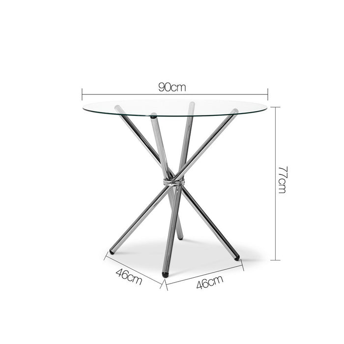 Artiss Round Dining Table 4 Seater 90cm Tempered Glass Clear Chrome Steel Legs Cross Cafe Kitchen Tables