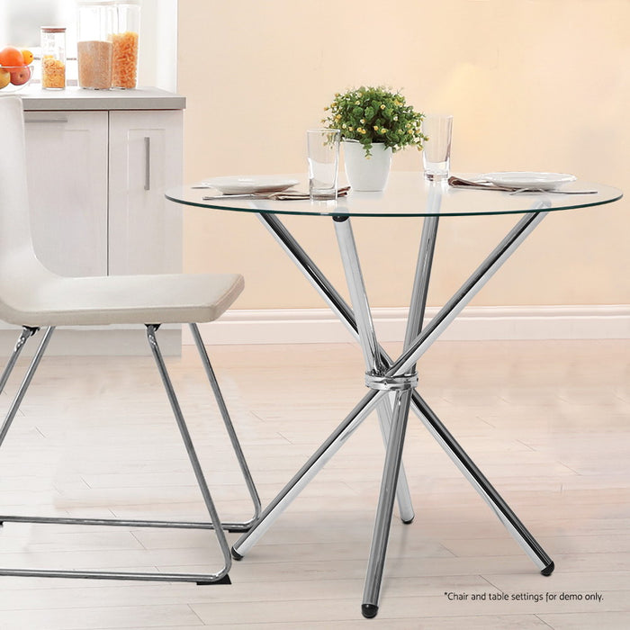 Artiss Round Dining Table 4 Seater 90cm Tempered Glass Clear Chrome Steel Legs Cross Cafe Kitchen Tables