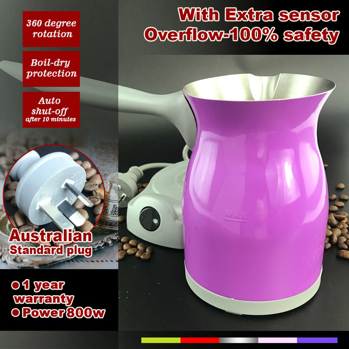 Purple Electric Turkish Greek Arabic Coffee Maker Pot Automatic Sensor Anti Overflow