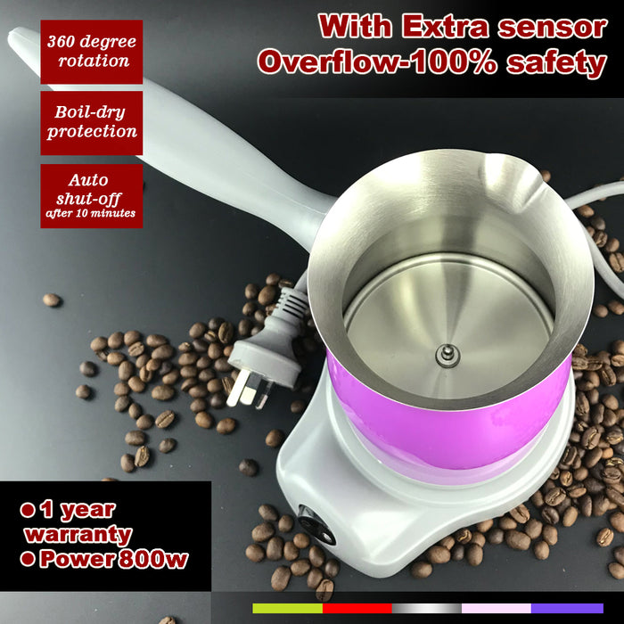 Purple Electric Turkish Greek Arabic Coffee Maker Pot Automatic Sensor Anti Overflow