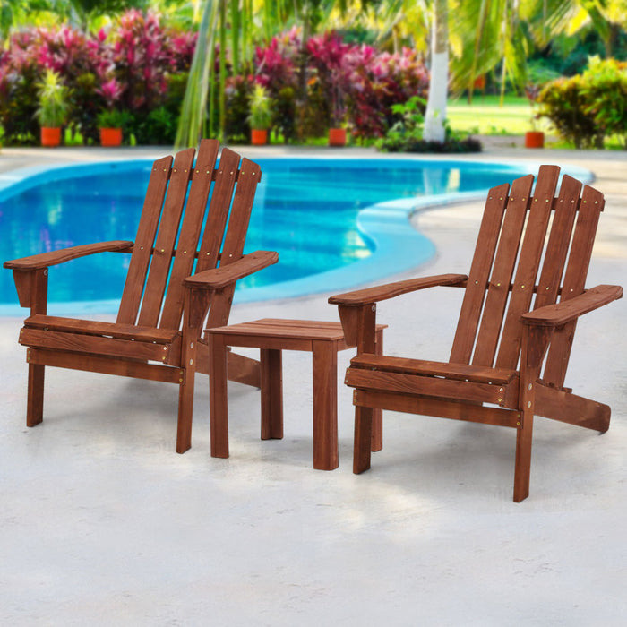 Gardeon 3PC Adirondack Outdoor Table and Chairs Wooden Beach Chair Brown