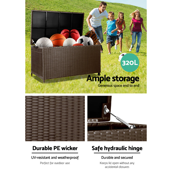 Gardeon 320L Outdoor Wicker Storage Box Shed Toy Tool Outdoor Bench Ottoman Wicker - Brown