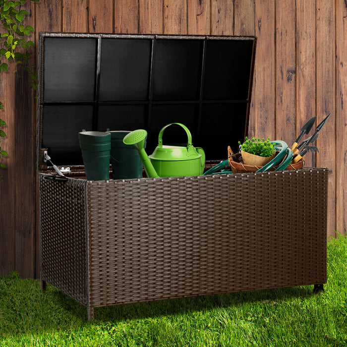 Gardeon 320L Outdoor Wicker Storage Box Shed Toy Tool Outdoor Bench Ottoman Wicker - Brown