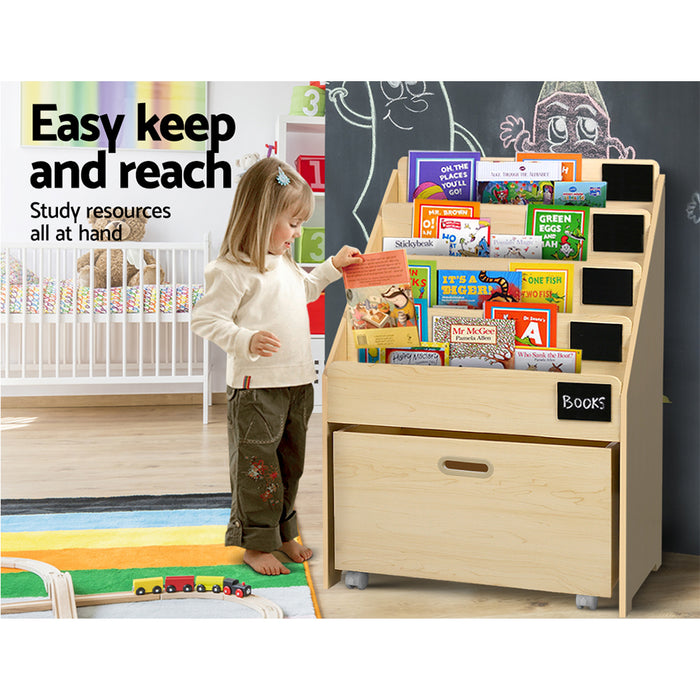 Keezi Kids Natural Wood Bookshelf Storage Organiser Bookcase Drawers Children