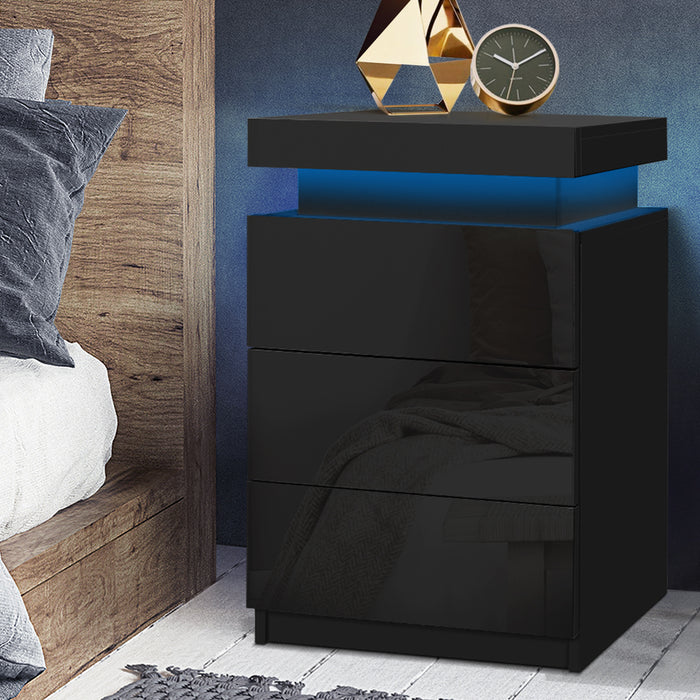 Artiss Bedside Table LED 3 Drawers - COLEY Black