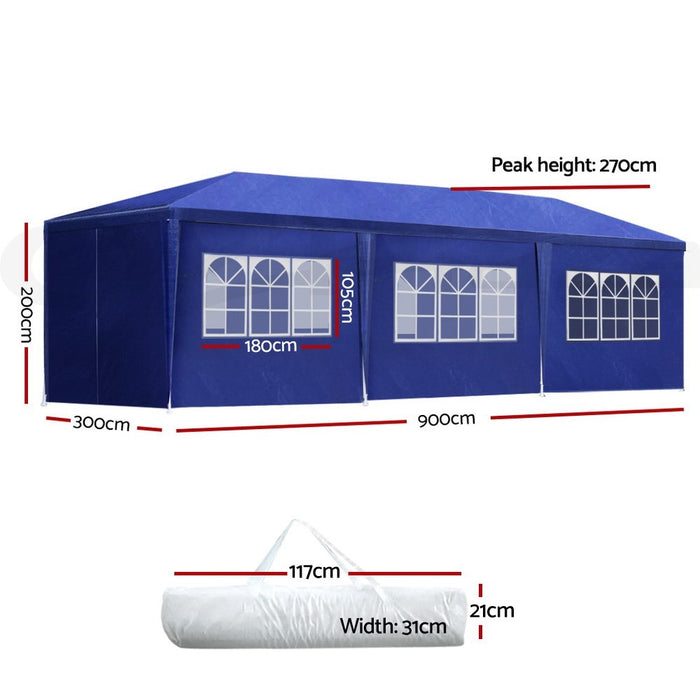 Instahut Gazebo 3x9m Outdoor Marquee side Wall Gazebos Tent Canopy Camping Blue 8 Panel