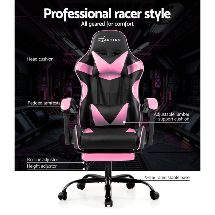 Artiss Office Chair Gaming Chair Computer Chairs Recliner PU Leather Seat Armrest Footrest Black Pink