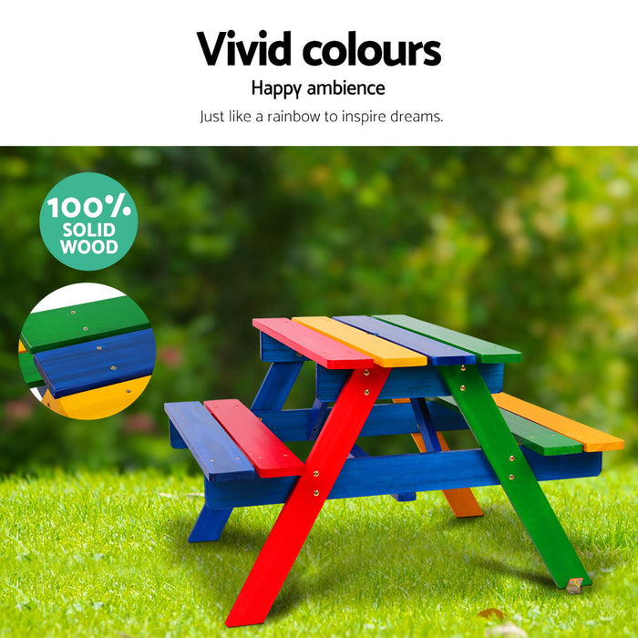 Wooden Picnic Table Set Kids Play With Umbrella Outdoor Rainbow Colors