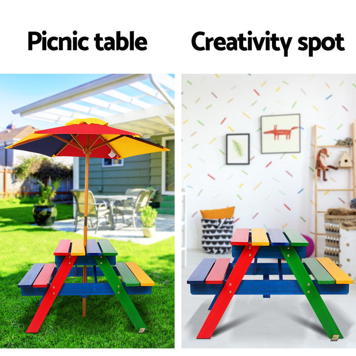 Wooden Picnic Table Set Kids Play With Umbrella Outdoor Rainbow Colors