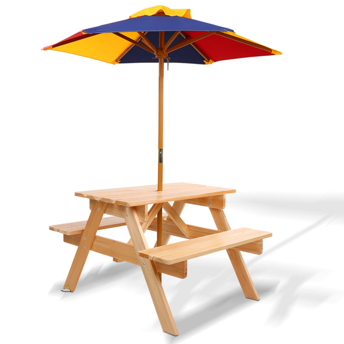 Kids Wooden Picnic Table Set With Umbrella Outdoor