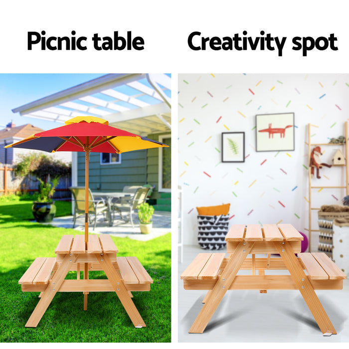 Kids Wooden Picnic Table Set With Umbrella Outdoor