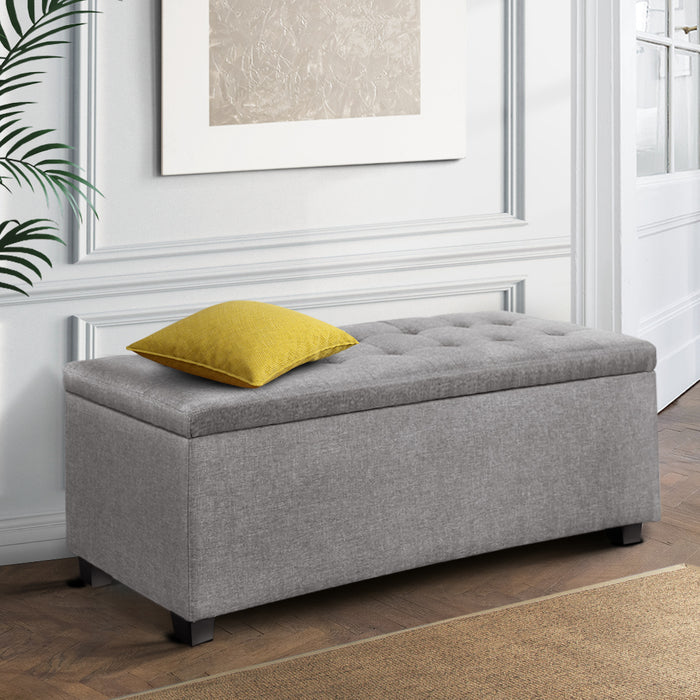 Artiss Storage Ottoman Blanket Box 97cm Linen Light Grey