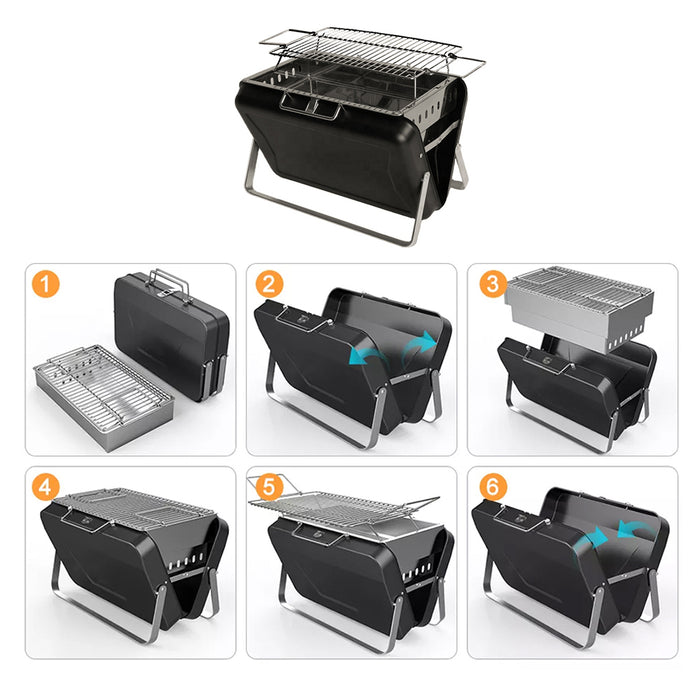 Folding Portable Grill with Metal Carrying Case Camping Charcoal BBQ Outdoor for