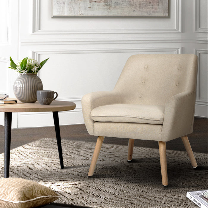 Artiss Fabric Dining Armchair Anne Armchair Tufted Button Design Upholstered with Linen Fabric- Beige