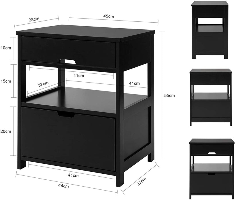 Black Bedside Table with 2 Drawers Side Table Storage Cabinet Nightstand Bedroom Furniture Storage Cabinet