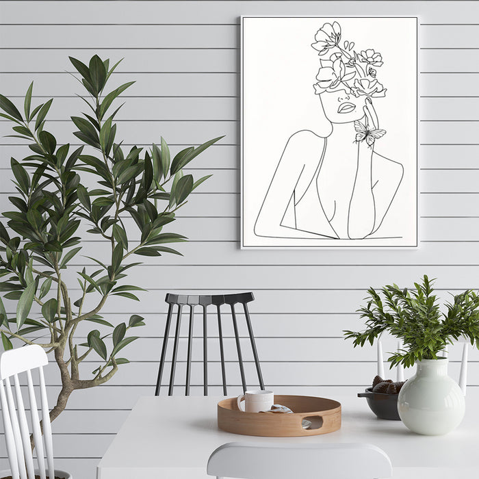 Wall Art 70cmx100cm Line Art Girl White Frame Canvas