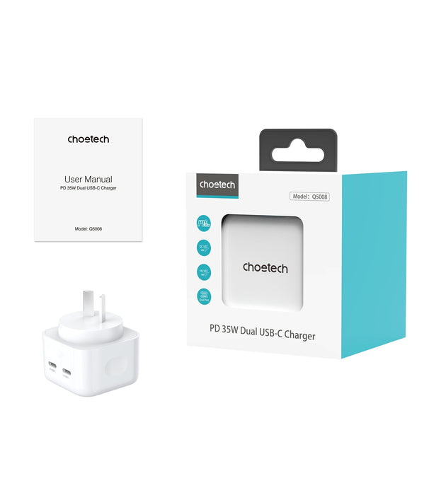CHOETECH Q5008 PD 35W Dual USB-C Charger Dual-Port Output  Fast Charging Superior Safety