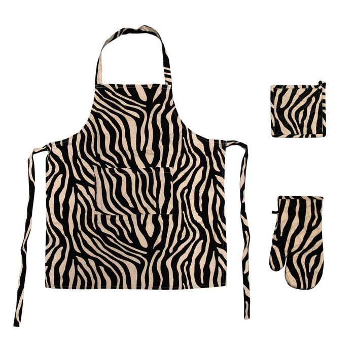 Set of 3 Cotton Linen Zebra Kitchen Set 100% Cotton Machine Washable Zebra Stripes Print