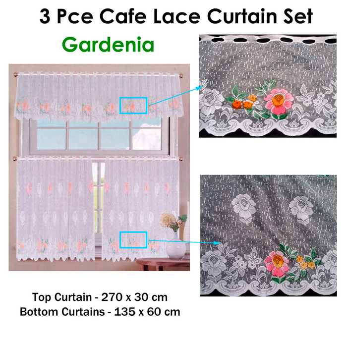 3 Pce Cafe Gardenia Floral Lace Curtain Set Machine Washable