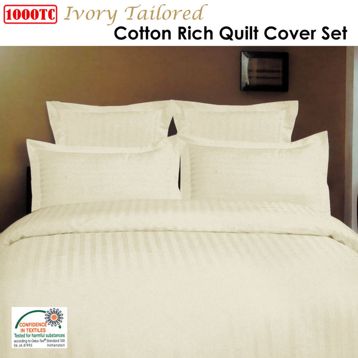 1000TC Self Striped Tailored Quilt Cover Set Machine Washable Ivory King