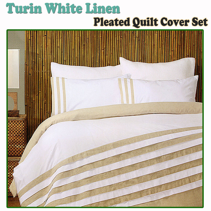 Turin White Linen Quilt Cover Set QUEEN 210 x 210 cm Machine Washable