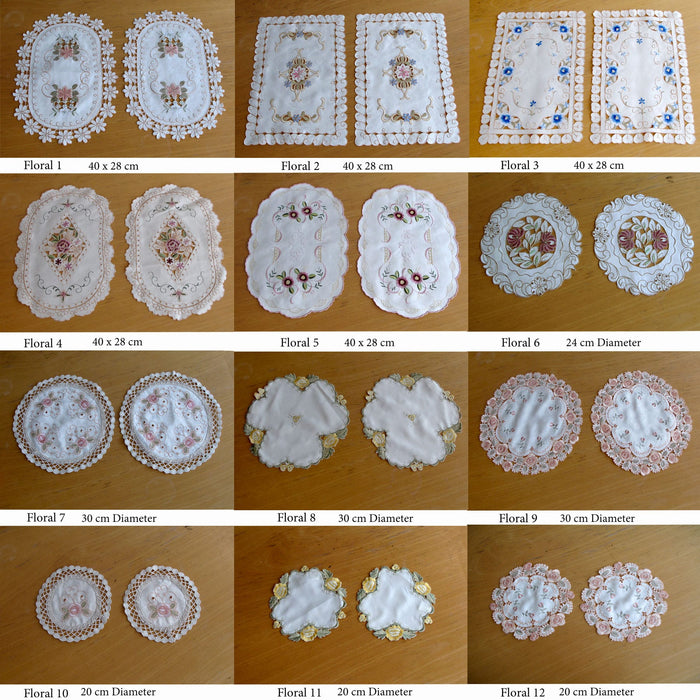 Set of 2 Floral  Embroidered Doilies Floral 8- 30 cm Diameter Table Decor