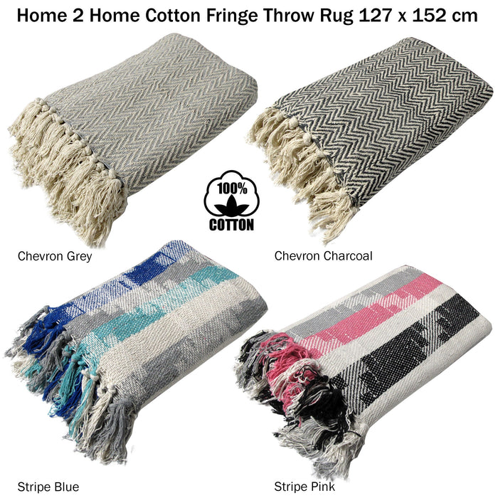 Cotton Fringe Throw Rug Chevron Grey 127 x 152 cm 100% Cotton Machine Washable