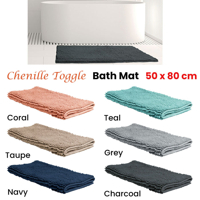 Chenille Toggle Bath Mat 50 x 80cm Taupe Ultra Absorbent Rug for Tub Shower and Bathroom