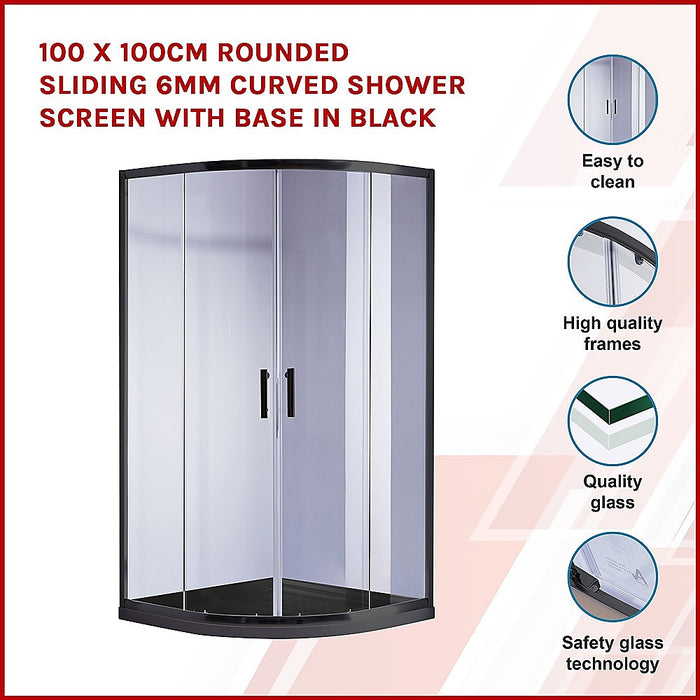 100 x 100cm Rounded Sliding 6mm Curved Shower Screen with Base in BlackHigh Quality