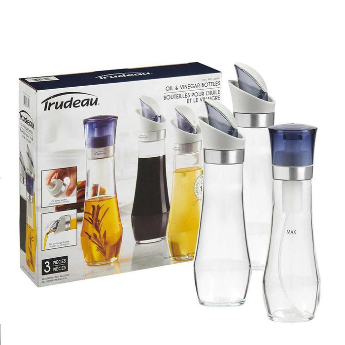 Trudeau 1 Oil Spray Bottle + 2 Oil Or Vinegar Bottle 295ml 10oz Glass 3 Pcs Set