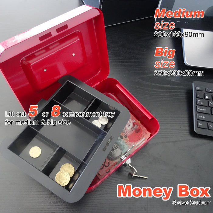 Blue Portable Sturdy Metal Money Box Cash Box With Coin Tray Petty Cash