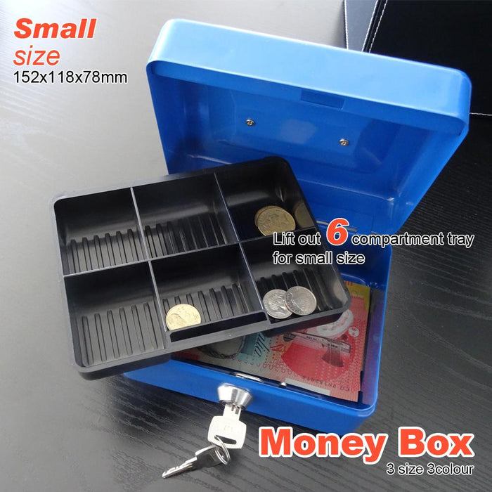 Blue Portable Sturdy Metal Money Box Cash Box With Coin Tray Petty Cash