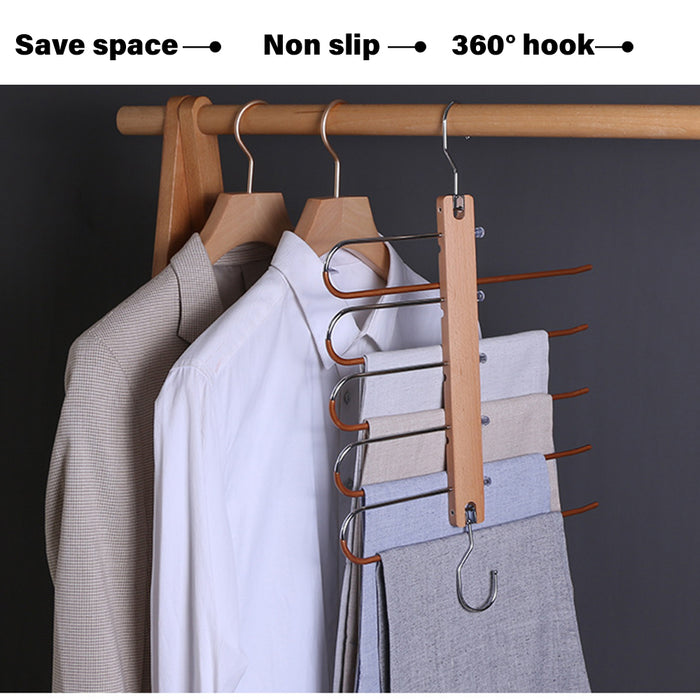 Copper 5in1 Wooden & Solid Metal Magic Hanger Non Slip Pant Tie Rack Save Space