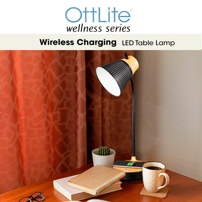 Ottlite Wellness Series LED Table Desk Lamp With Wireless Charging Dimmable B/W