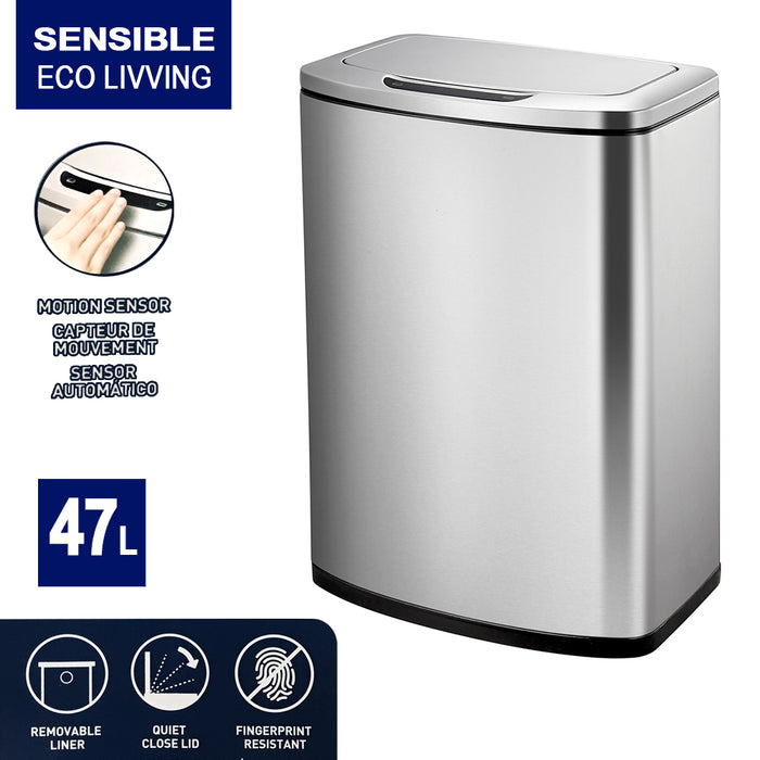 Sensible Eco Living Stainless Steel Motion Sensor Bin Rubbish Wastebasket 47L