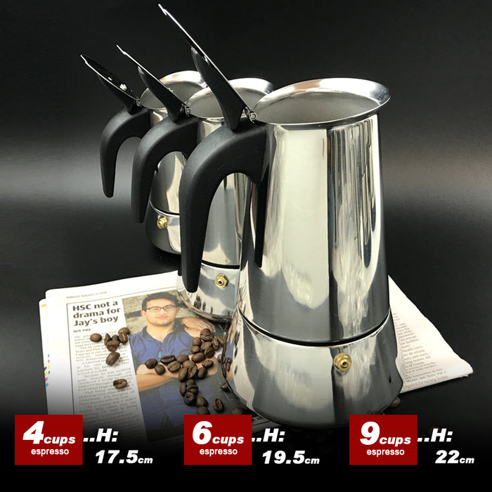 Moka Pot, Stainless Steel Moka Pot Stovetop Coffee Pot Electromagnetic Espresso Brewed Coffee Maker with Valve 4 Cups