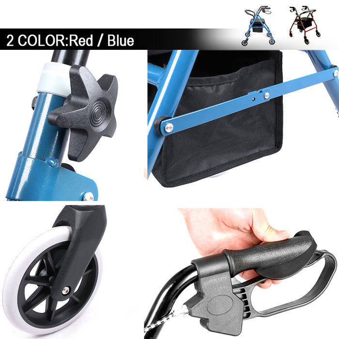 Matel Adjustable Foldable Rollator Walking Frame Walker Aids Outdoor Mobility